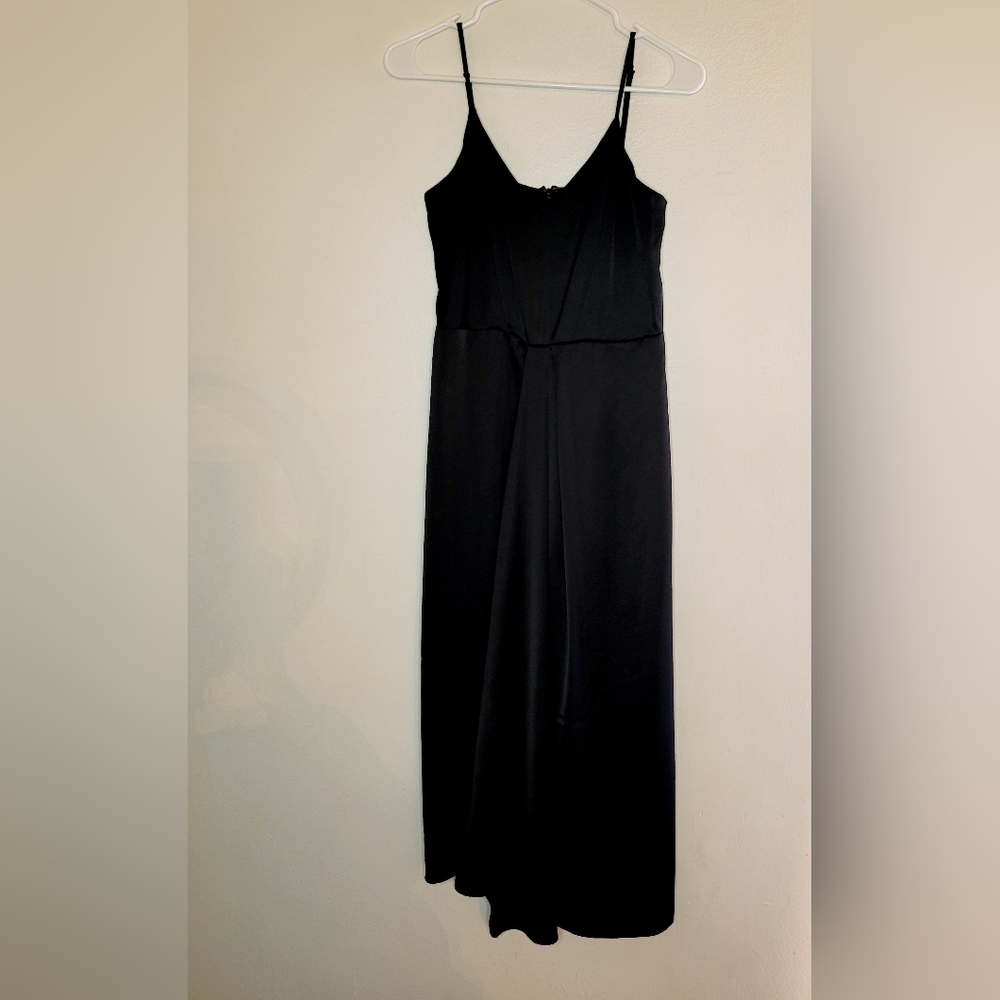 EXPRESS Slip Dress Womens Black Small Satin V-Neck Asymmetrical Midi Coctail
